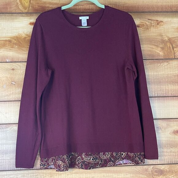 J Jill Womens Sweater Top Medium Knit Long‎ Sleeve Button Layered Paisley Maroon - Picture 1 of 8